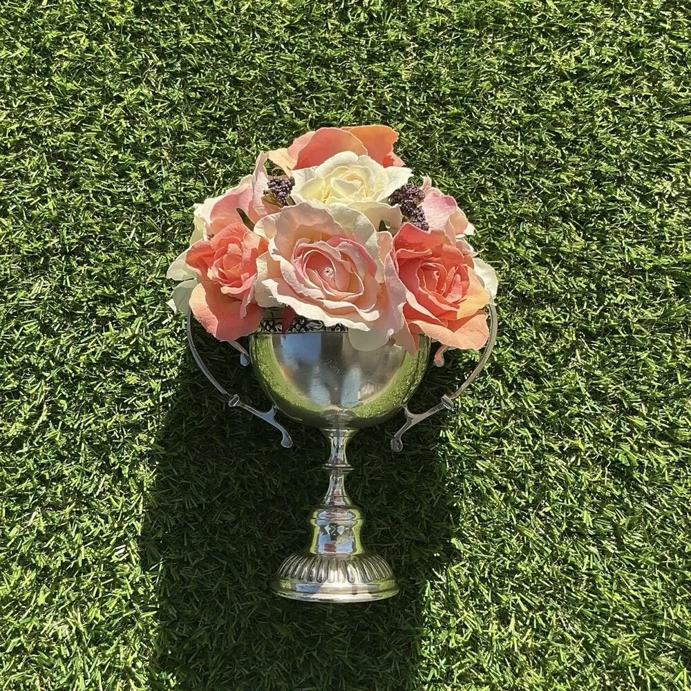 Vintage Silverplate Style Footed Urn Vase Double Handle Faux Rose Arrangement 7”